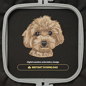May include: A digital machine embroidery design featuring a detailed portrait of a fluffy brown dog with black eyes and a black nose, centred within a light grey embroidery hoop on a black fabric background with the text Digital machine embroidery design.