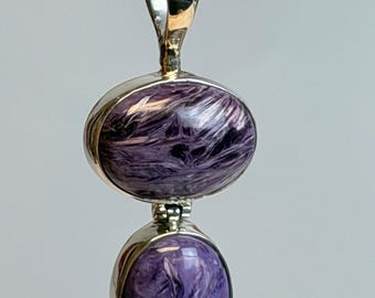 Doppelstein Charoite Oval Sterling Silber Anhänger | Lila Kristall Edelstein mit Wirbeln Weiß Akzenten