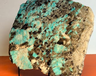 Polierte Platte aus Amazonit, Quarz und Rauchquarz | Sehr große Mineralienproben, Madagaskar, Ständer, Dekorationsstein für Zuhause