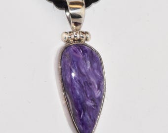 Charoite Sterling Silver Pendant 925 Back Rare Violet Purple Crystal Stone