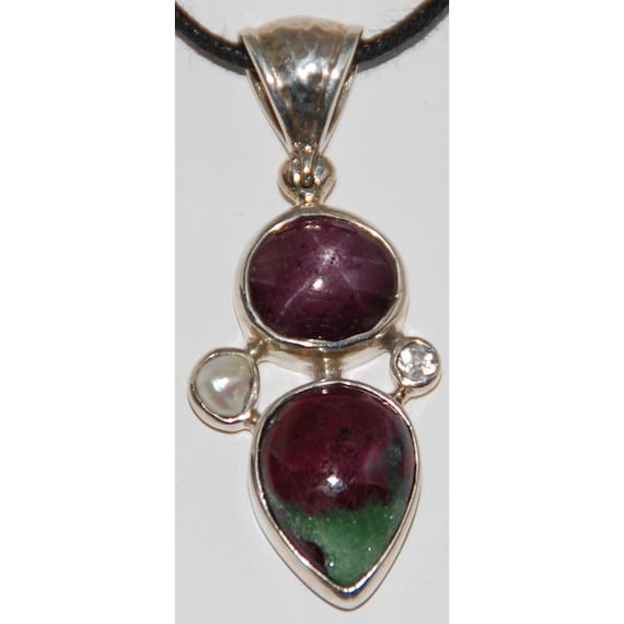 Ruby Zoisite Pendant with Pearl, Star Ruby and Wh… - image 1