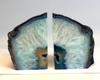Buchstützen aus türkis gefärbtem Stein | Buchstützen aus Kristall, schwere und robuste Achat-Geode, Brasilien