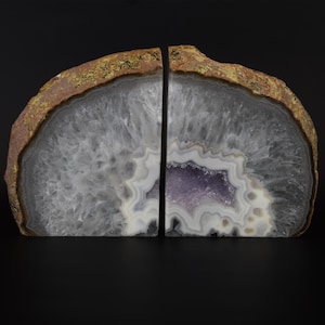 Agate Geode Center Bookend Extra Quality Crystal Stone with Amethyst Center Gray Purple