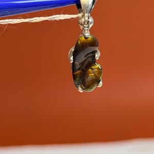 May include: A pendant featuring a polished, teardrop-shaped gemstone with a silver bail. The gemstone displays a mix of brown, gold, and amber hues. The pendant is suspended by a thin, white cord against a blurred orange background.