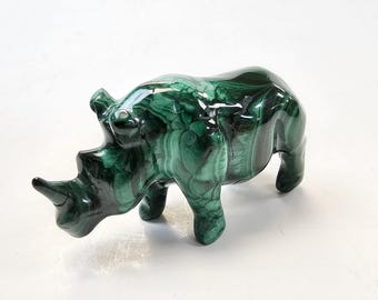 Malachite Rhinoceros Carved Animal Figurine | Green Rhino Figurine Mineral Carving Stone Collectible Statue Miniature Gift