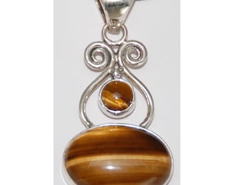 Tiger Eye Sterling Silver Pendant 925 Brown Golden Crystal Exquisite