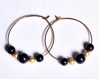 Stainless steel hoop earrings with natural black agate and hematite stone beads