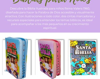 May include: Children's Bibles in blue, pink, and patterned covers. The text "Santa Biblia" is visible on the covers, along with illustrations. The image also includes text in Spanish: "Biblias para Niños."