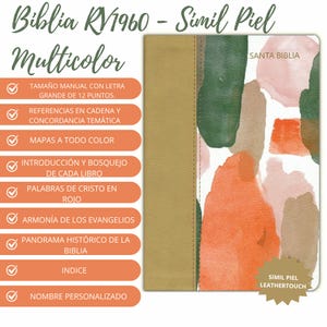 May include: A hardcover Bible with a tan leather-like spine and a watercolor design in orange, green, and pink. The cover features the text "Biblia RV1960" and "Multicolor". The book includes features like maps, concordances, and a personalized name option.