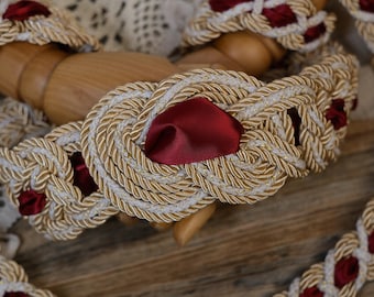 Pre-made Hand Braided Nine Knot Handfasting Cord with Champagne & White with Ruby Red