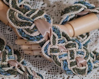 Custom braided Handfasting Cord: Green Blue Yarn & Light Gold Rope – Customizable Colors