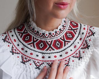 Ukrainian Beaded Collar Necklace, Red White Slavic Jewelry, Handcrafted 50+ Hours Needle-Woven Kryza, Traditional Slavic Pattern, Folk Gift