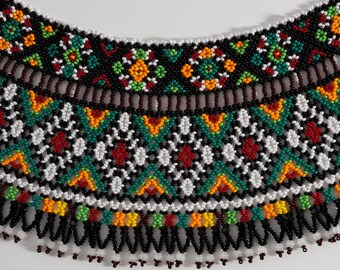 Ethnic Mexican Bib Beaded Necklace, Traditional Native Made Ukrainian Jewelry, Folk Art Jewelry, Massai collar, Huichol Statment Necklace,