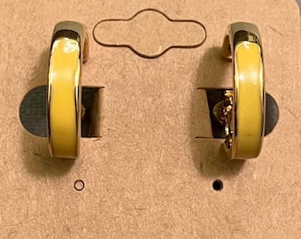 Vintage Napier Gold Tone Hoop Clip On Earrings with Yellow Enamel  Screw Back Design