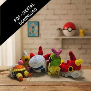 May include: A collection of five small, colorful crocheted creatures featuring various shapes and patterns in red, white, yellow, green, and orange yarn. A black diagonal banner in the upper left corner displays the text PDF • DIGITAL DOWNLOAD.