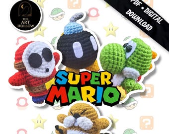 Schema amigurumi Super Mario Friends: Yoshi, Shy Guy, Monty Mole e Bob-omb