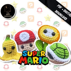 Puede incluir: Personajes de Super Mario tejidos a ganchillo, incluyendo un plátano amarillo, una seta roja, una flor naranja y un caparazón de tortuga verde. El logotipo de Super Mario está en el centro. Una pancarta negra dice "PDF • DESCARGA DIGITAL".