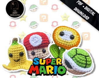Modello Amigurumi di oggetti Super Mario: fungo, fiore di fuoco, banana e guscio di Koopa