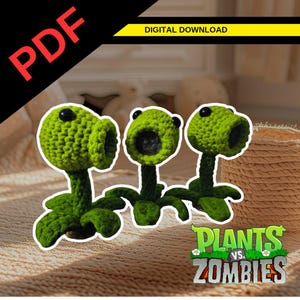 Może przedstawiać: Trzy zielone szydełkowe figurki Peashooter z gry Plants vs. Zombies. Każda figurka ma duże, otwarte usta, czarne oczy i łodygę z liśćmi. Obraz zawiera tekst "PDF" i "POBRANIE CYFROWE". Widoczne jest również logo Plants vs. Zombies.