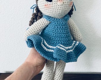 Crocheted Doll with Pigtails in Pretty Blue and White Dress, Amigurumi Toy