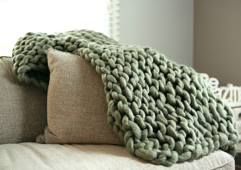 Chunky Knit Blanket Dusty Sage Green | Etsy