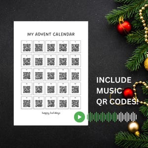 Könnte beinhalten: Ein weißer Adventskalender mit 25 nummerierten QR-Codes. Der Text "MY ADVENT CALENDAR" steht oben, mit "happy holidays" unten. Das Bild enthält auch den Text "INCLUDE MUSIC QR CODES!"