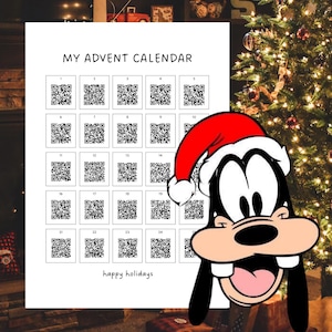 May include: A printable advent calendar with 25 QR codes, featuring a cartoon dog wearing a Santa hat. The text "MY ADVENT CALENDAR" and "happy holidays" is printed on the calendar.