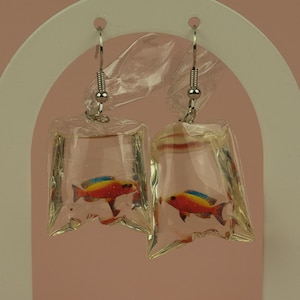 バッグに入った魚のイヤリング、かわいいミニチュア水魚のイヤリング、楽しい魚の動物のイヤリング、レインボーフィッシュのダングル、彼女のための風変わりなイヤリング