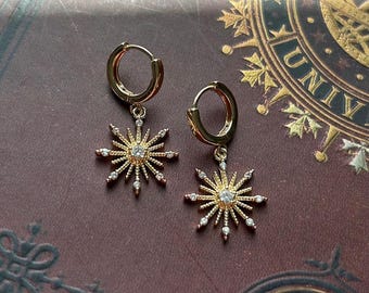 Gold Star Huggie Hoop Earrings: Cubic Zirconia Celestial Charm earrings