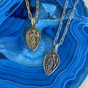Antique Guardian Angel Medal Necklace: Protection Talisman, 20&quot; Paperclip Chain