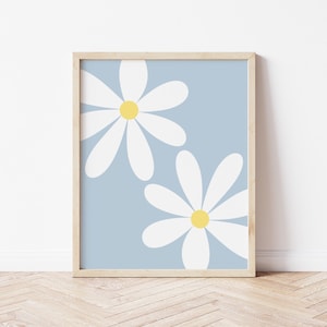 Minimalist Daisy Wall Art – White Floral Print on Blue Background – Modern Botanical Decor