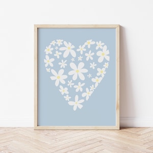 Minimalist Daisy Wall Art – White Floral Print on Blue Background – Modern Botanical Decor