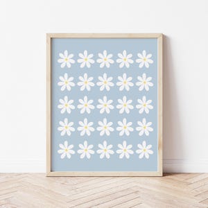 Minimalist Daisy Wall Art – White Floral Print on Blue Background – Modern Botanical Decor