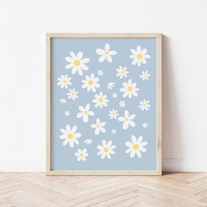 Minimalist Daisy Wall Art – White Floral Print on Blue Background – Modern Botanical Decor
