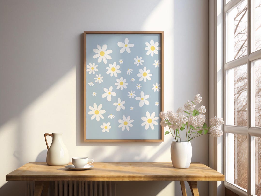 Minimalist Daisy Wall Art – White Floral Print on Blue Background ...