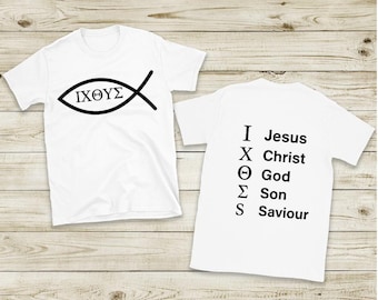 Christian Fish Symbol T Shirt,  Greek Letters for Jesus Christ God Son Savior, Ancient Church Shirt, Faith Based Apparel, Unisex Tee