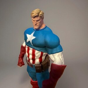 Pu&ograve; includere: Una statuina di Captain America in posa classica. La figura indossa un top blu con una stella bianca, un busto a strisce rosse e bianche e stivali rossi. La figura ha i capelli biondi e un'espressione determinata.