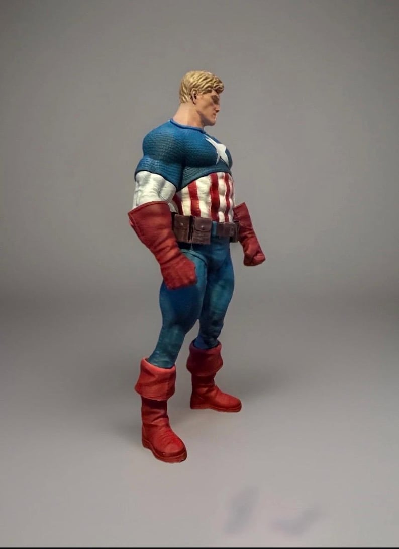 Pu&ograve; includere: Una action figure di Captain America in posa di profilo. La figura indossa una maglia blu con una stella bianca, un busto a righe rosse e bianche, pantaloni blu, stivali rossi e guanti rossi. La figura ha i capelli biondi e una cintura marrone.
