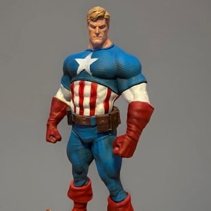 Pu&ograve; includere: Una action figure di Captain America in posa eroica. La figura indossa un top blu e bianco a stelle, un busto a righe rosse e bianche, pantaloni blu e stivali e guanti rossi. La figura ha i capelli biondi e una cintura marrone.