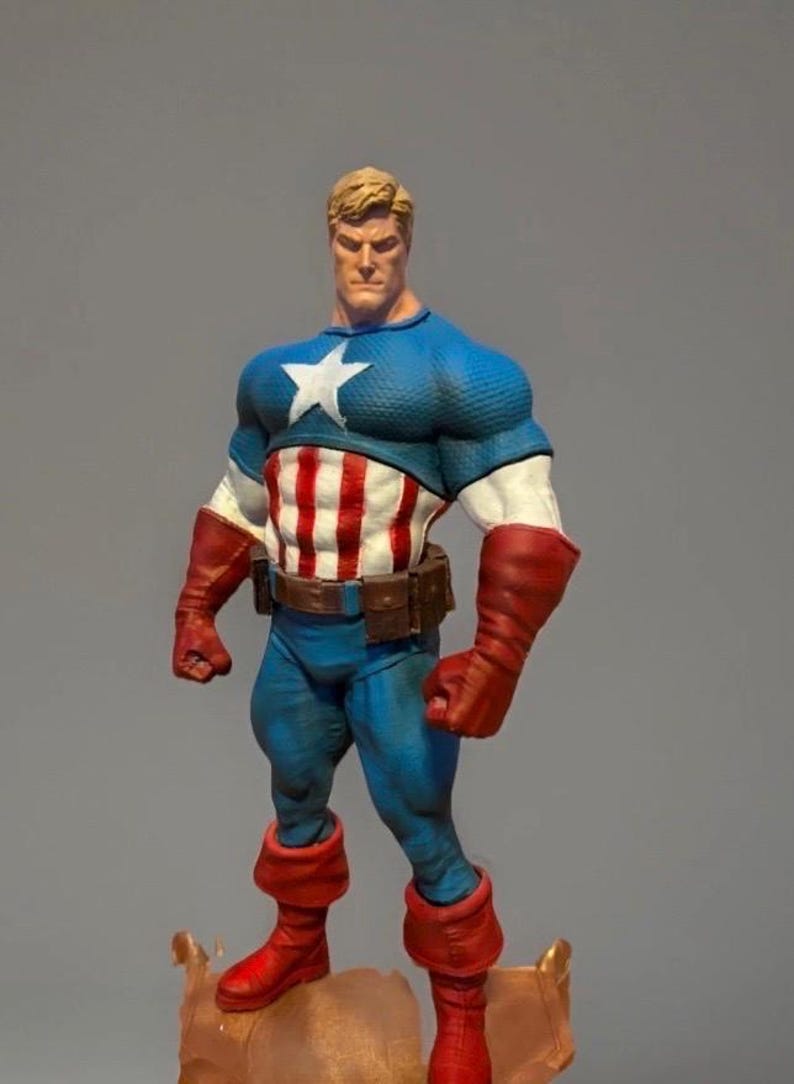 Pu&ograve; includere: Una action figure di Captain America in posa eroica. La figura indossa un top blu e bianco a stelle, un busto a righe rosse e bianche, pantaloni blu e stivali e guanti rossi. La figura ha i capelli biondi e una cintura marrone.