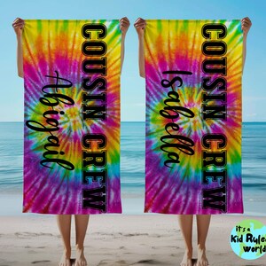 Personalized Cousin Crew Beach Towel, Custom Name Pool Bath Towels, Kids Vacation Trip Cousins Tote Bags, Matching Cousin Gift From Grandma