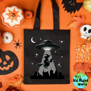 Kids UFO Witch Trick or Treat Bag, Spooky Halloween Tote Bags for Girls, Halloween Candy Bag for Boys, Halloween Boo Baskets, Kids Bag