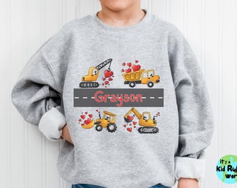 Personalized Valentine’s Day Shirt for Boys Construction Vehicle Toddler Custom Valentines TShirt Boys Shirt Kids Valentines Day Sweatshirt