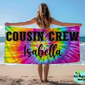 Personalized Cousin Crew Beach Towel, Custom Name Pool Bath Towels, Kids Vacation Trip Cousins Tote Bags, Matching Cousin Gift From Grandma