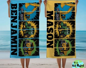 Personalized Boys Beach Towel Custom Name Pool Bath Towels Kids Vacation Trip Construction Birthday Gift for Boy