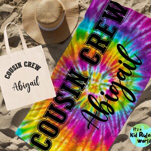 Personalized Cousin Crew Beach Towel, Custom Name Pool Bath Towels, Kids Vacation Trip Cousins Tote Bags, Matching Cousin Gift From Grandma