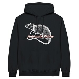 May include: Black hoodie with a white illustration of a rat and the text "Automatic Writer" in red.