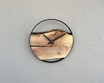 Handcrafted Walnut Wall Clock: Minimalist Metal Hoop Design