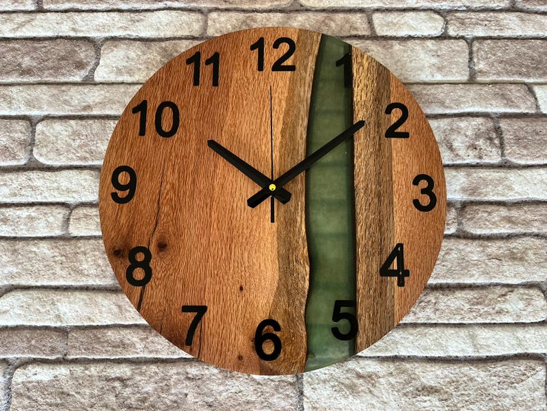Handcrafted Oak Wood Wall Clock: Metallic Green Resin, Bold Numbers (16 ...
