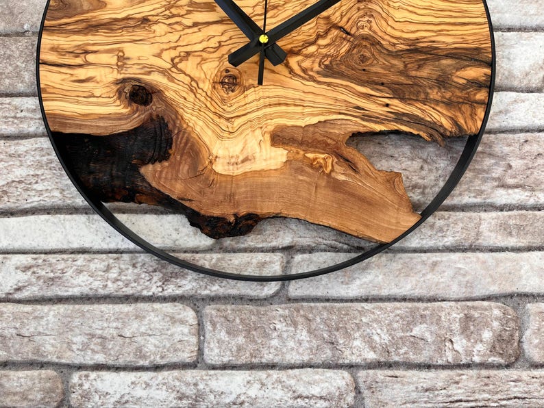 Handcrafted Olive Wood Wall Clock With Black Frame: Rustic Modern Decor ...